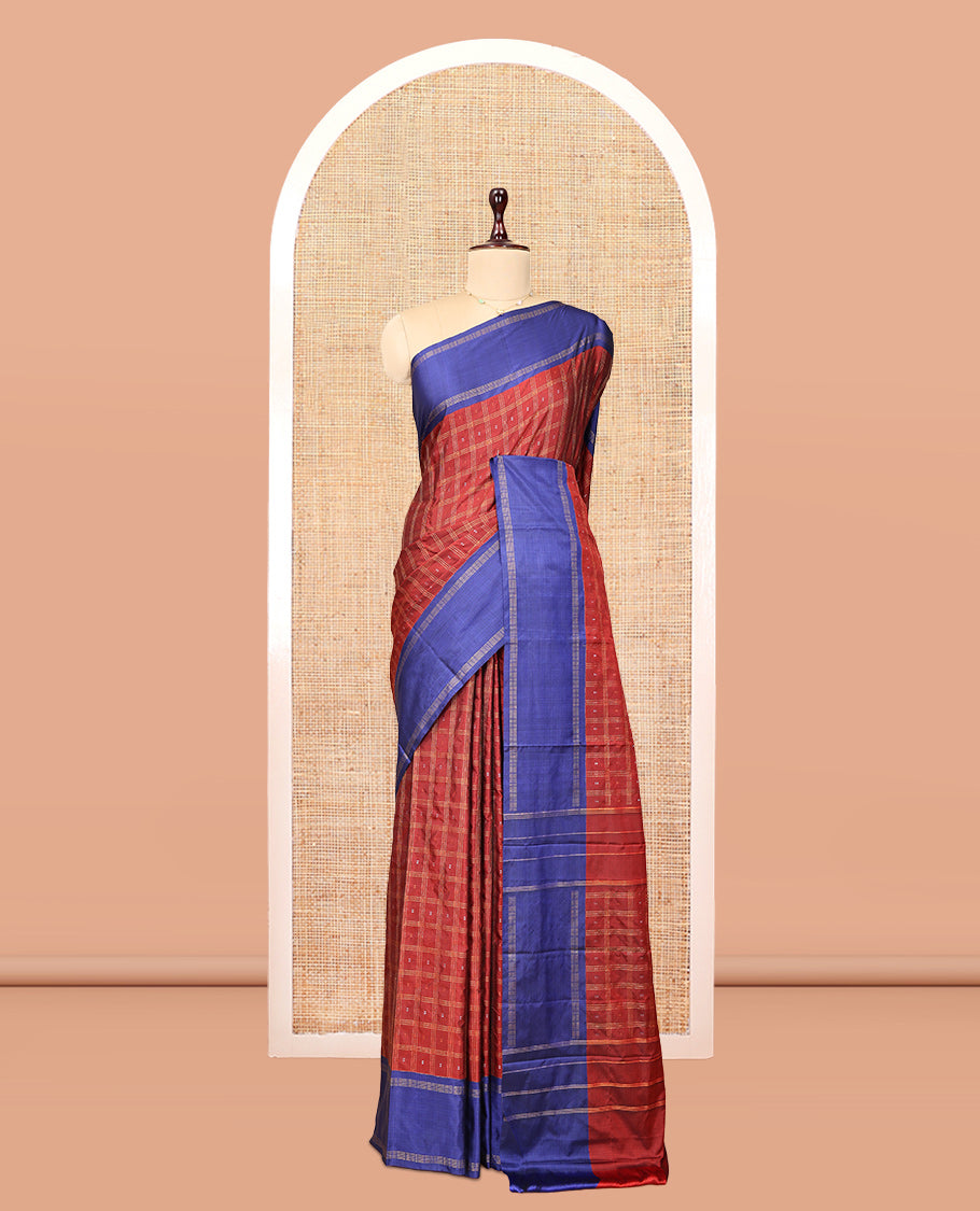 Maroon Arani Saree, Bedecked with Butta Enclosed Checks, a Contrast Bodi Border, Self-Pallu, and a Matching Blouse