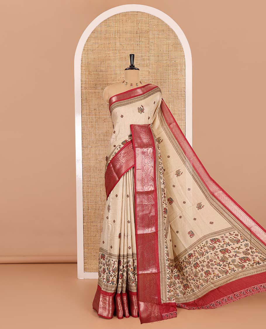 Chikku-maroon vertical striped, and animal motifs printed dola silk saree, contrast manga motifs zari border, animal motifs printed pallu, and a contrast printed blouse