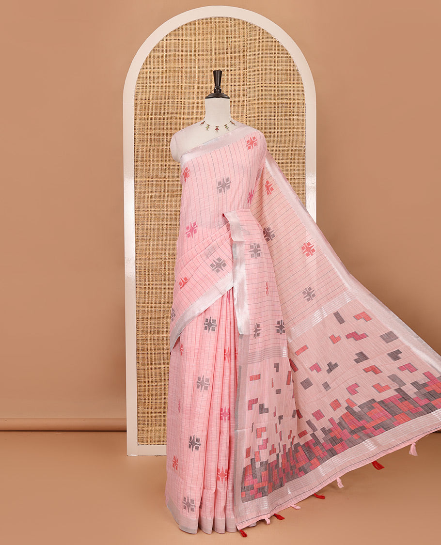 Baby pink vertical stripes & geometric buttas Jute linen saree, Sliver zari border, geometric patterned pallu & vertical striped blouse