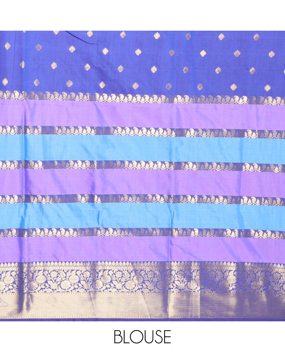 Blue Semi-Katan Silk Saree, Adorned with Zari Designs, Contrast Floral Creeper Border, Self-Pallu, and Matching Blouse