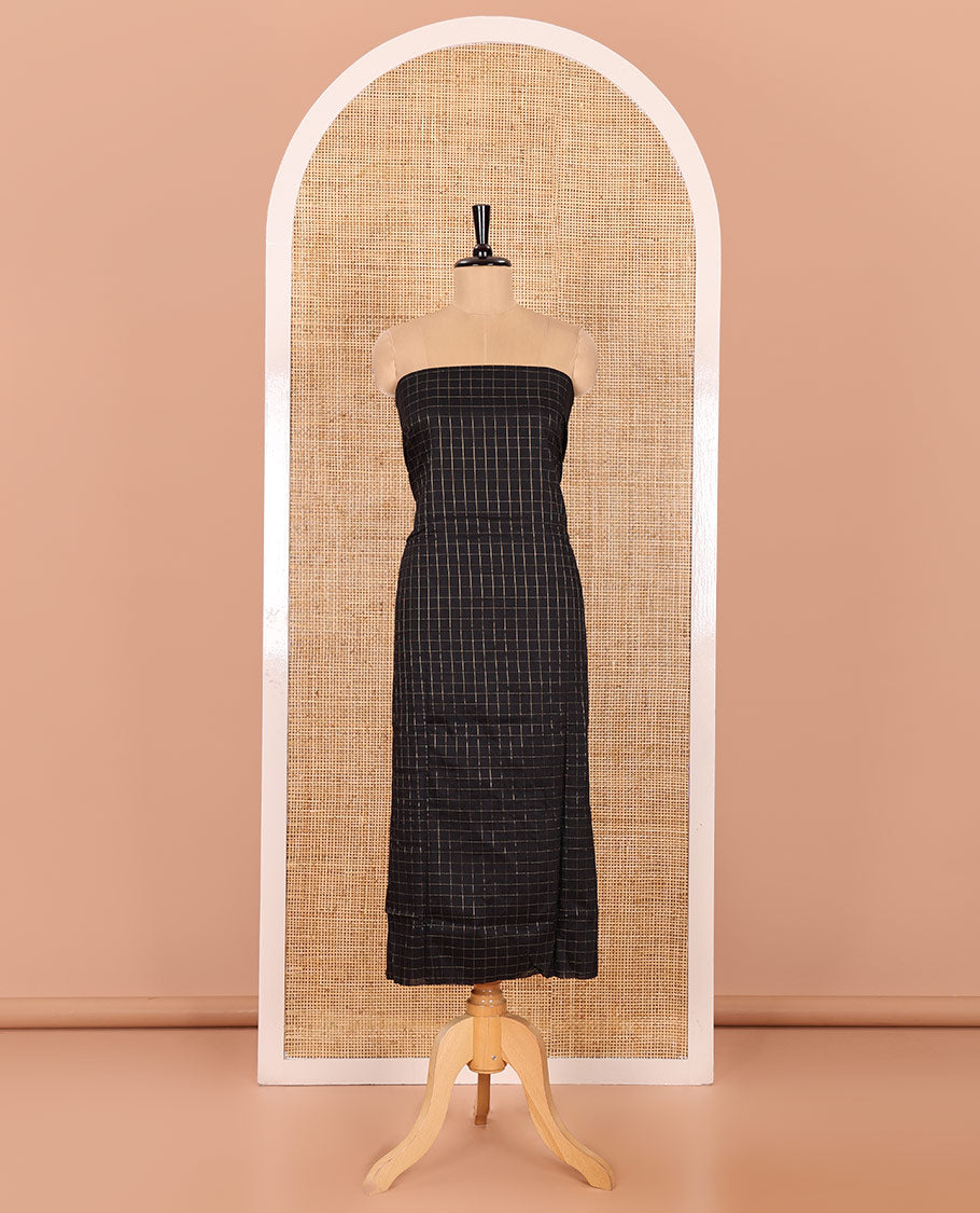 Black Material Chudidar Set, Accentuated with Zari Checks All Over Its Semi-Silk Top, Comes with a Subtle Plain Bottom, and a Contrast Semi-Silk Dupatta of Zari Border and Tassels