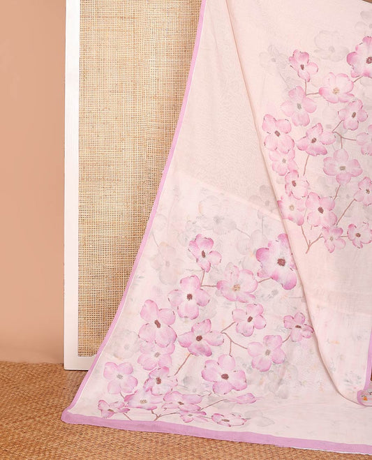 Pastel pink printed Chanderi cotton saree features floral motifs all over its border & pallu, contrast plain border