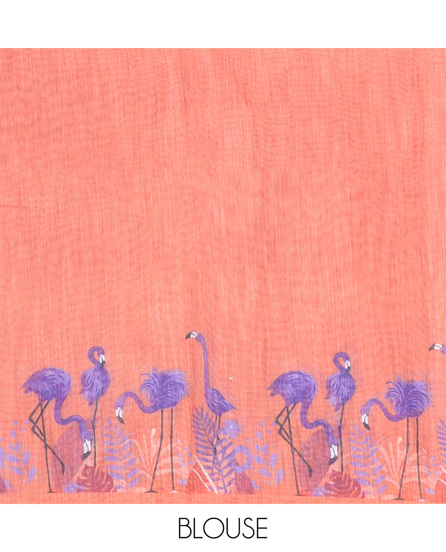 Lavender Linen Cotton Saree, Adorned with Floral Crane Motifs Print, a Contrast Border, and a Contrast Blouse