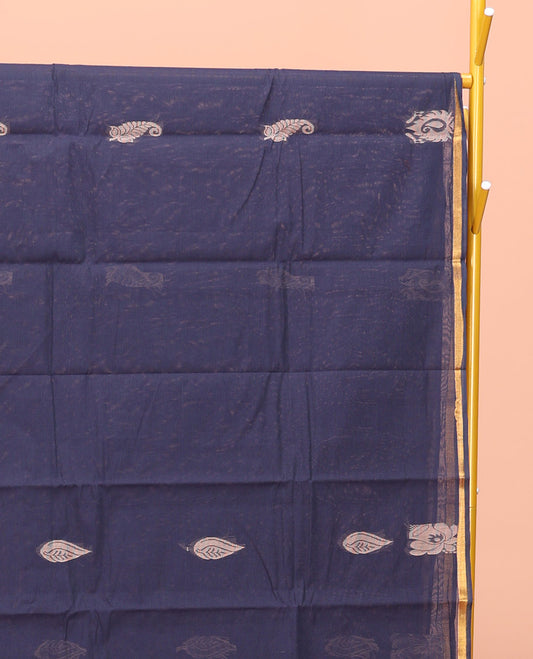Navy Blue Kanchi Cotton Saree, Adorned with Buttas All Over Its Body, a Subtle Zari Border, Intricately Designed Pallu, and Paired with a Matching Blouse