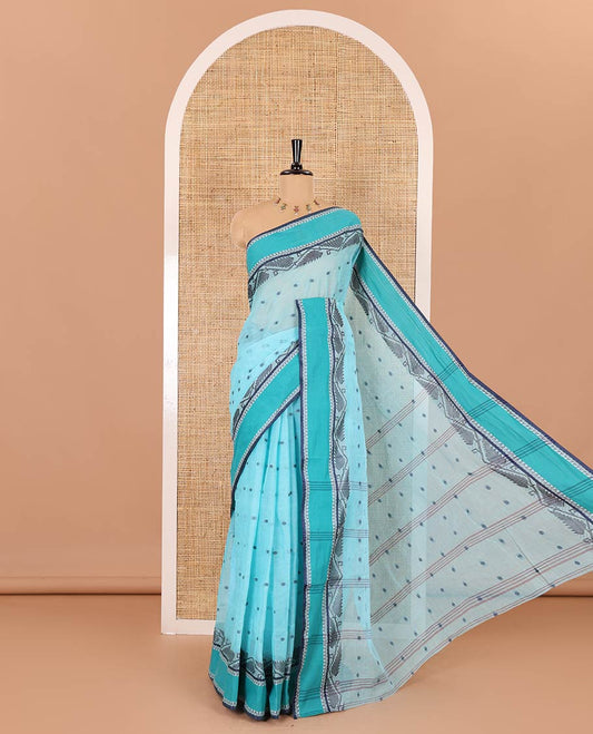 Blue thread buttas Bengal cotton saree, contrast jamdani style floral border, and a striped pallu