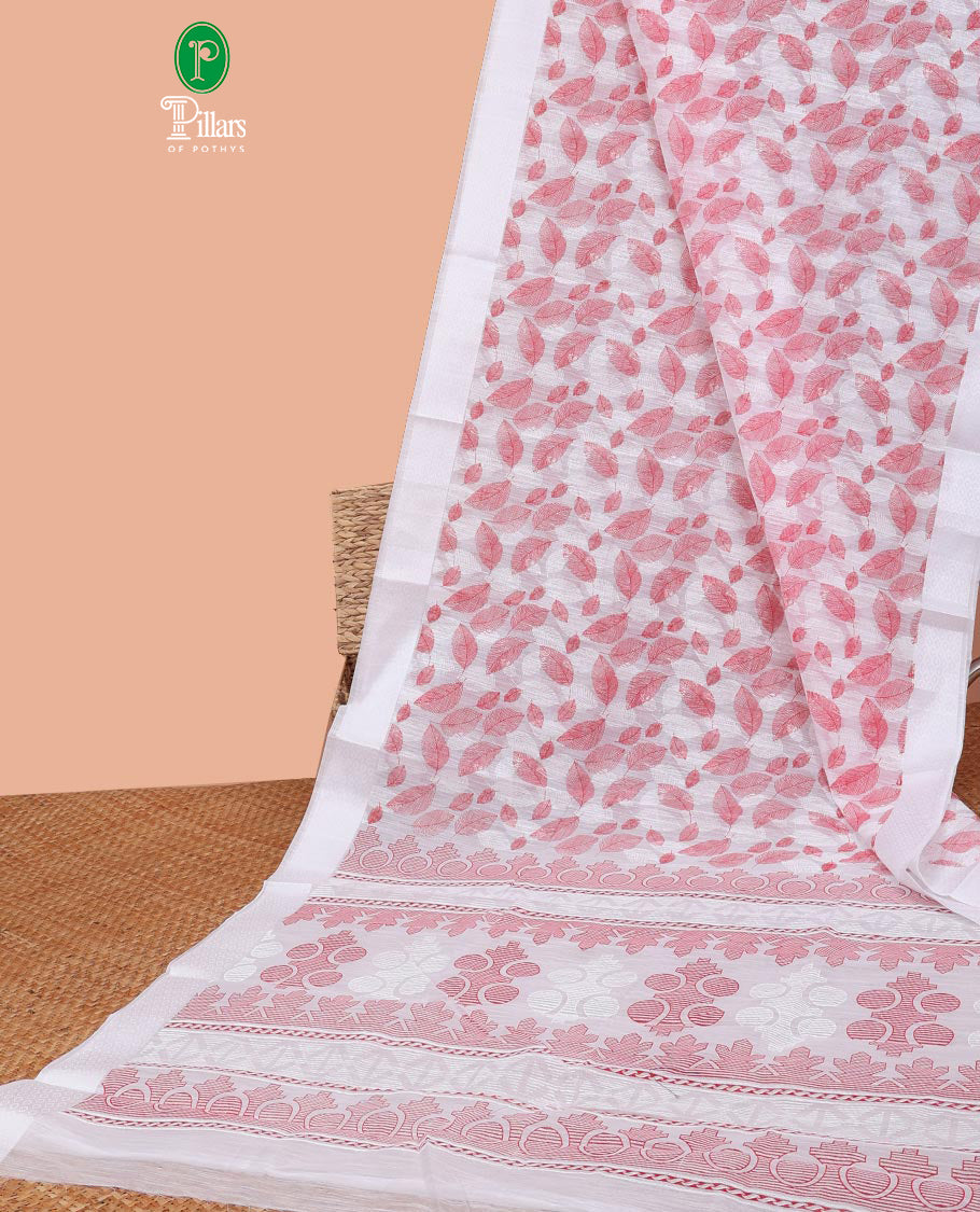 white all over leaf printed mixed cotton saree with printed pallu & plain blouse