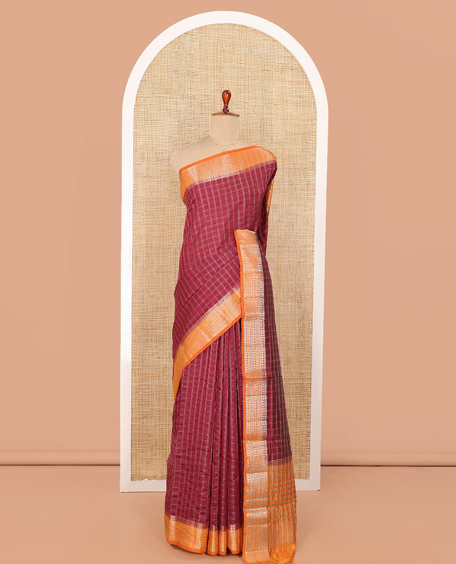 Red Semi-Banarasi Dupion Saree, Adorned with Checks, Complemented by a Contrast Traditional Design Border, Striped Pallu, and Paired with a Contrast Blouse