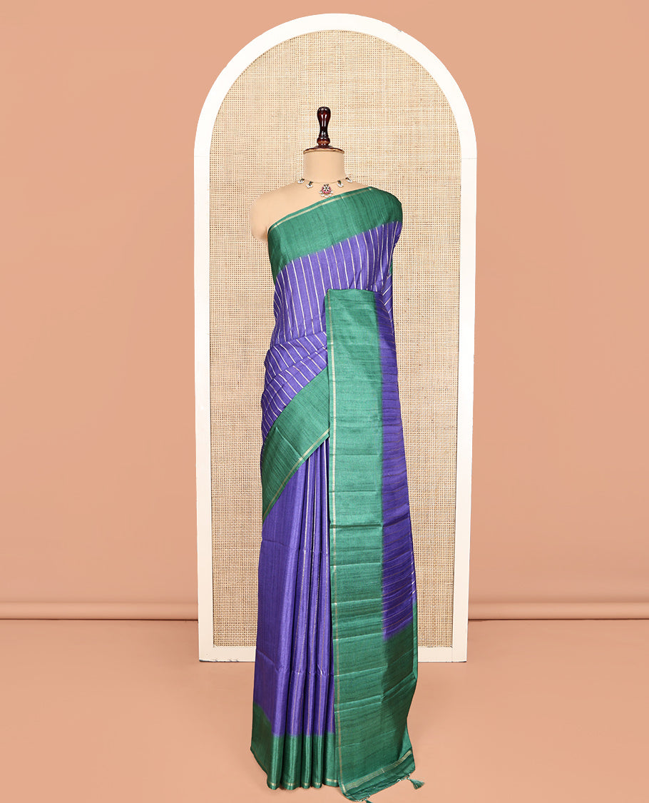 Blue Fancy Tussar Saree, Highlighted by Vertical Zari Stripes Across Its Body, Complemented by Captivating Contrast Geometric Patterned Border, Subtle Pallu and Paired with a Contrast Blouse