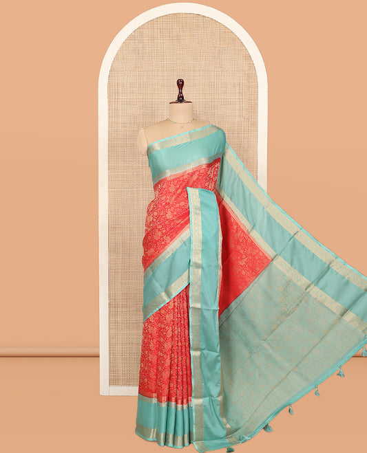 Red Fancy Crepe Saree, Adorned with Floral Vine and Peacock Design, Complemented by a Contrast Traditional Zari Design Border, Sparsely Woven Pallu, and Contrast Blouse