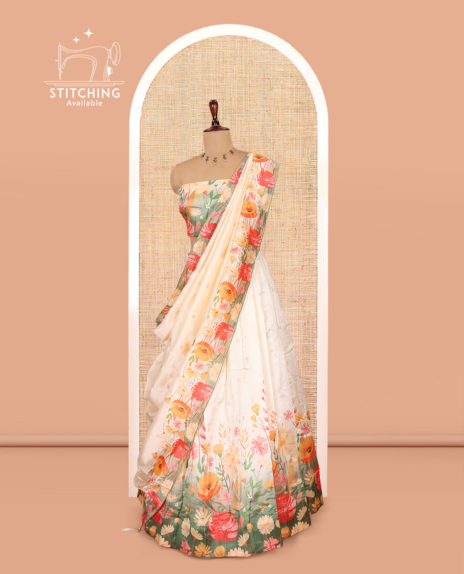 Cream-Green Semi-Silk Half-Saree Features a Floral-Printed Skirt, a Matching Blouse, and a Floral-Printed Dhavani