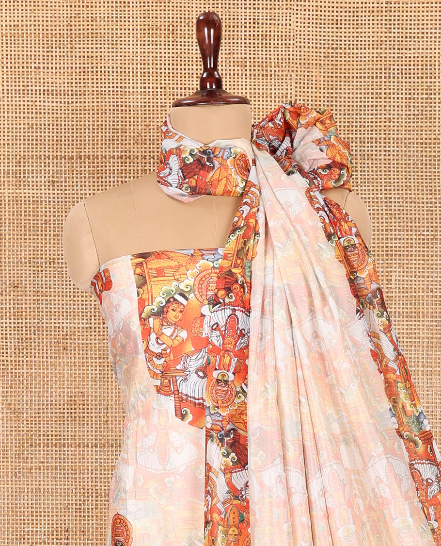 Cream Semi-Silk Material Chudidar, Kerala Kathakali Printed Top, Santoon Bottom, and Printed Dupatta