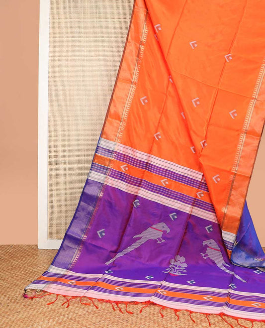 Orange butta mayuri soft silk saree with self temple border & parrot, floral design pallu
