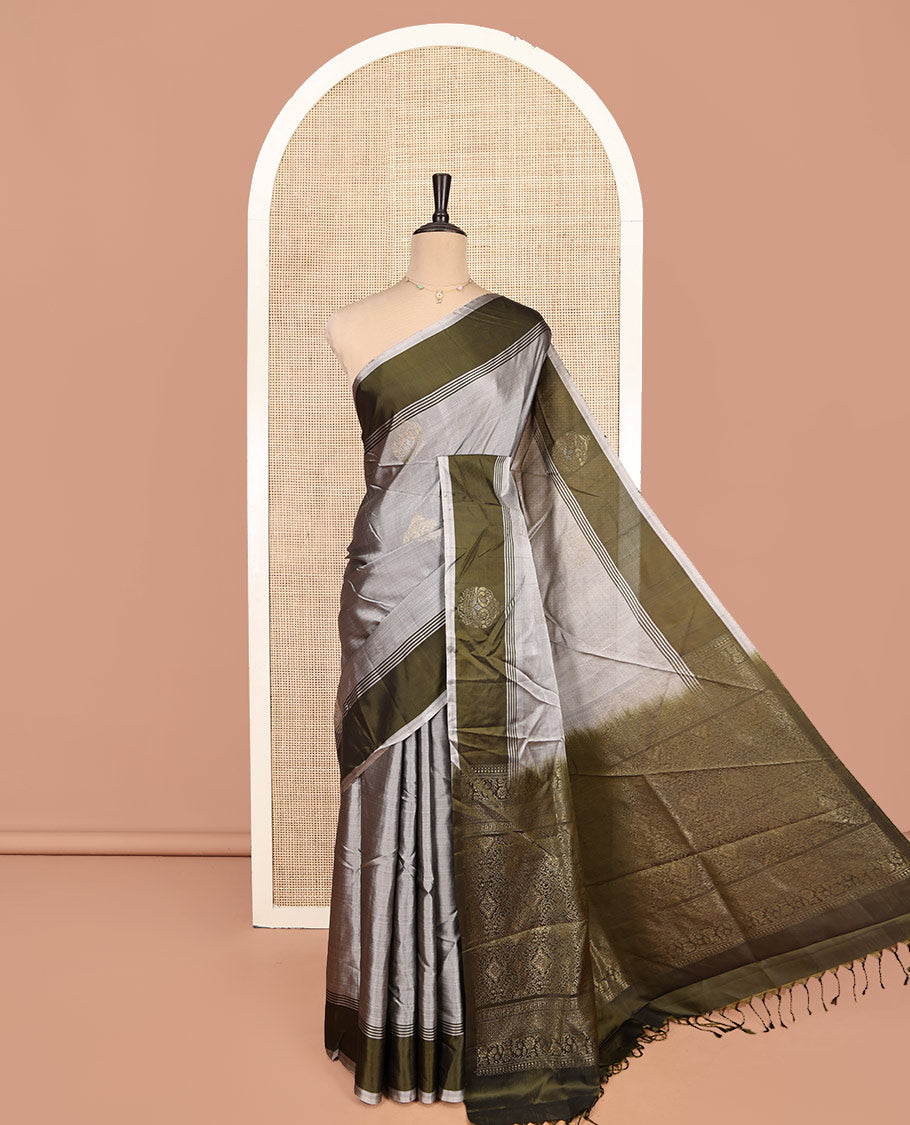 Grey-Mehendi Buttas Mayuri Lite Silk Mix Saree, Contrast Border, Grand Pallu, Contrast Blouse