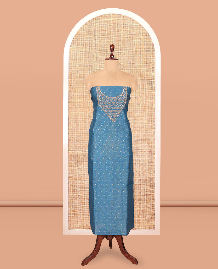 Rama Blue Chanderi Tissue Material Chudiddar, Buttas Neckwork Top, Plain Bottom, Contrast Floral Dupatta