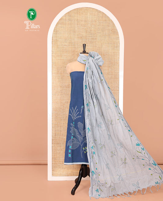 Blue Handloom Cotton Material Chudidar Set, Adorned with Floral Design Print On Its Top, Complemented by Contrast Bottom, and Paired with a Contrast Floral Printed Dupatta