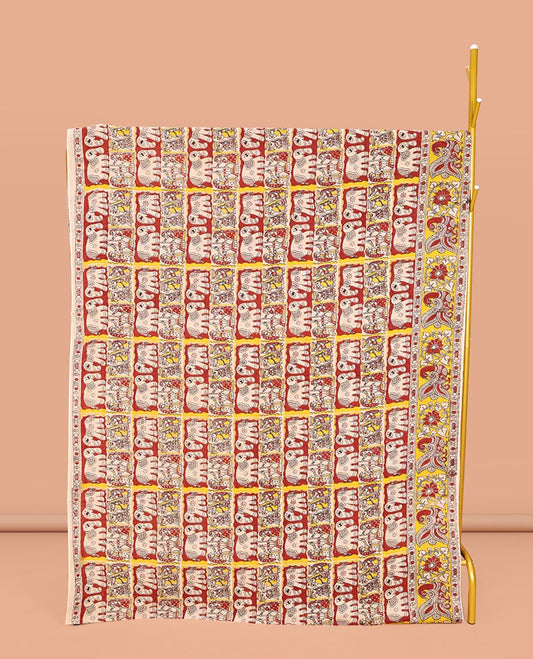 Yellow Machine-Printed Kalamkari Cotton Saree, Adorned with Elephant and Human Figurine Enclosed Checks on Its Body, Complemented by a Contrast Peacock Printed Border, Pallu of Radha Krishnan Motifs Print, and Paired with a Printed Blouse