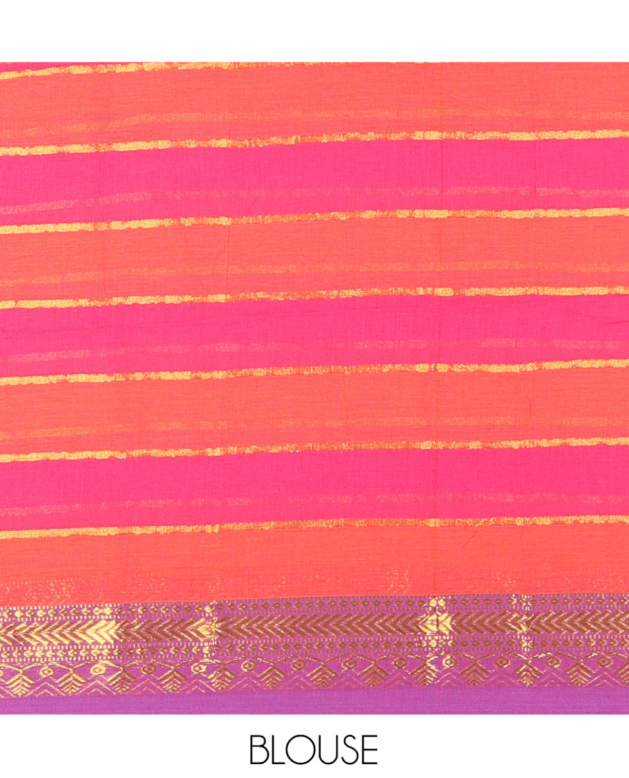 Orange-Pink Khadi Mul Cotton Saree, Steeped with Stripes, a Contrast Traditional Zari Border, and No Blouse