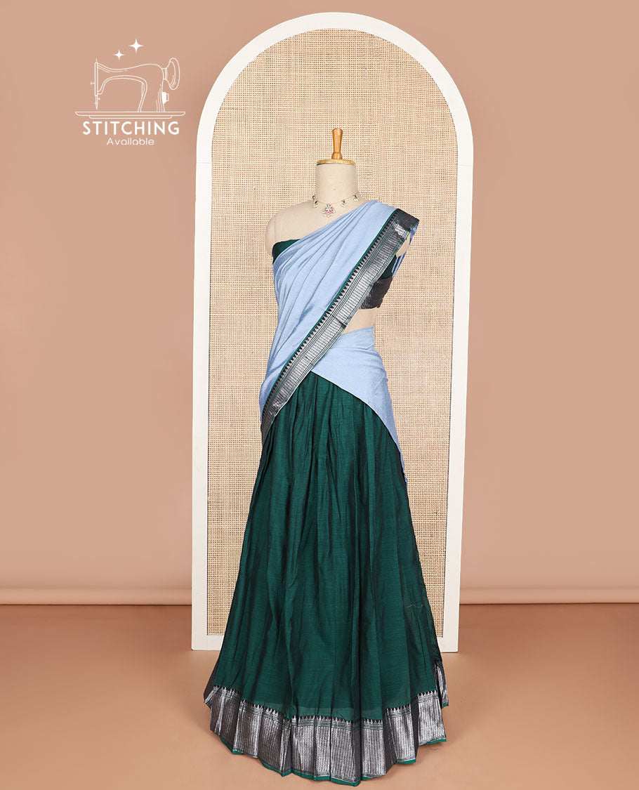 Dark green cotton half saree with contrast zari design border, zari design blouse & plain, zari design border dhavani