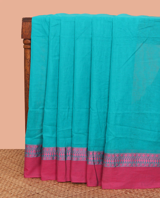 Blue Plain Khadi Cotton Saree, Complemented by a Contrast Traditional Motifs Thread Woven Border, Pallu Depicting Sparse Stripes, and Comes Without a Blouse