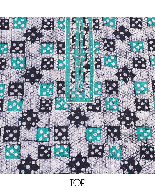 Black-Blue Cotton Material Churidar Set, Adorned with Batik-Printed Top, Contrast Batik Bottom, and a Batik-Printed Dupatta