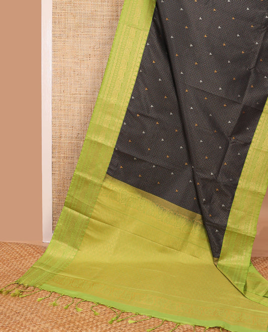 Green striped, triangle design gift saree with contrast zari design & floral design pallu