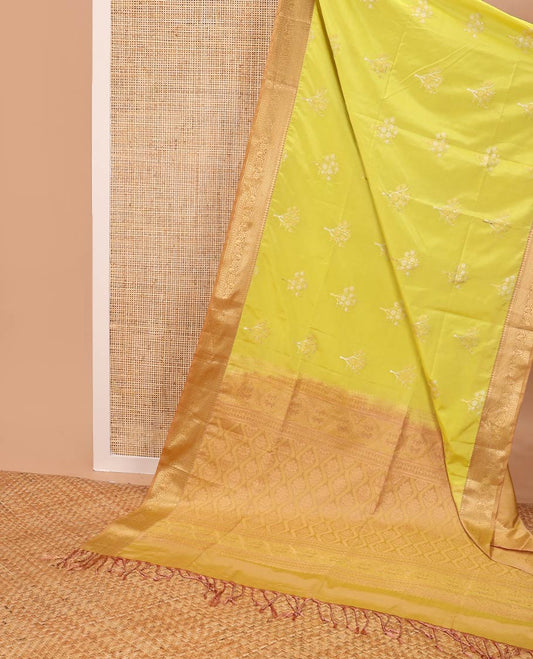 Light green floral motifs semi soft silk saree with contrast intricate zari design border & ogee design pallu