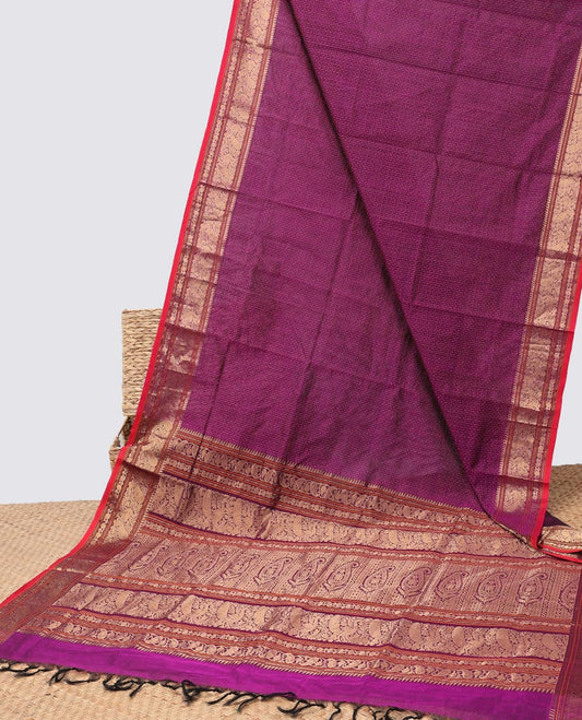 Purple checked cotton silk saree with self zari design border & intricate zari design pallu