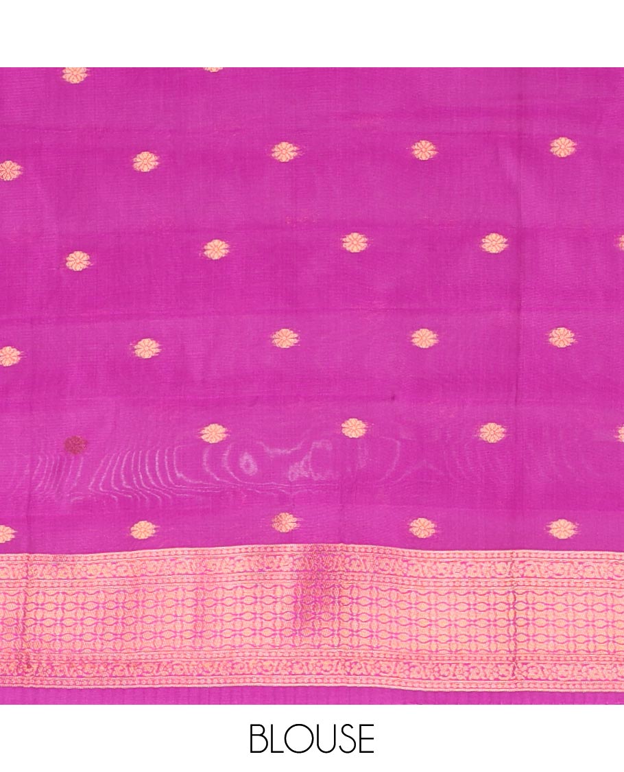 Green Kanchi Silk Saree Woven with Thread Buttas All Over Its Body, Complemented by a Contrast Temple Border, Grandly Woven Pallu of Intricate Design Weave, and Paired with a Contrast Blouse