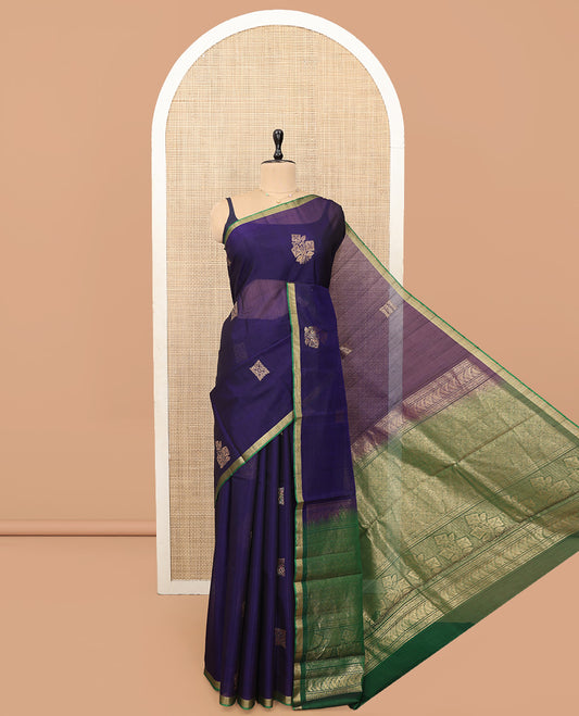 Navy Blue Silk Cotton Saree, Adorned with Zari Buttas, a Contrast Zari Border, Intricate Pallu, and a Contrast Blouse