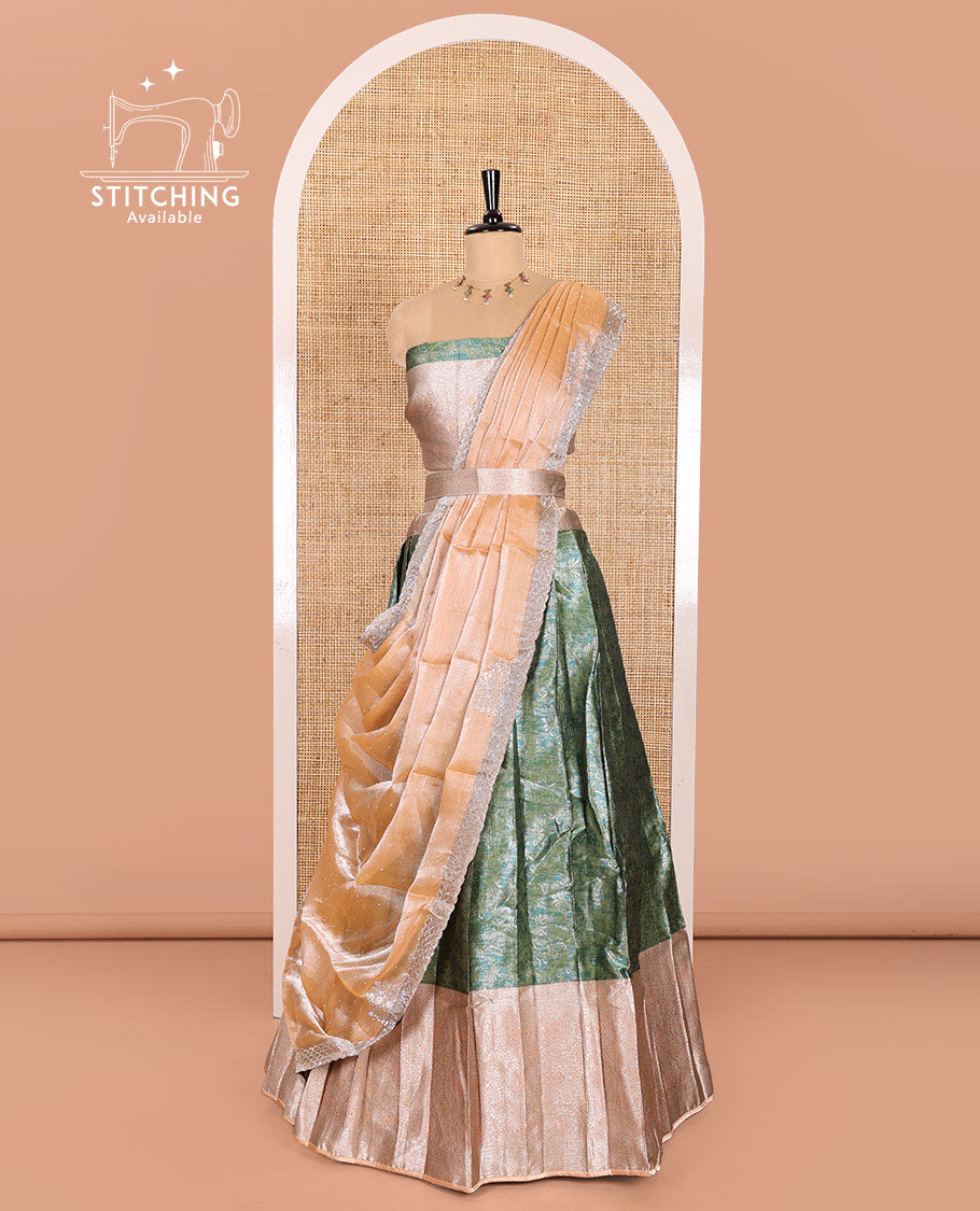 Green Banarasi Half-Saree Featuring Jacquard Design Skirt, Complemented by Contrast-Rich Zari-Woven Intricate Border, Paired with a Matching Blouse, Contrast Velvet Organza Stone Work Dhavani, and Brocade Belt