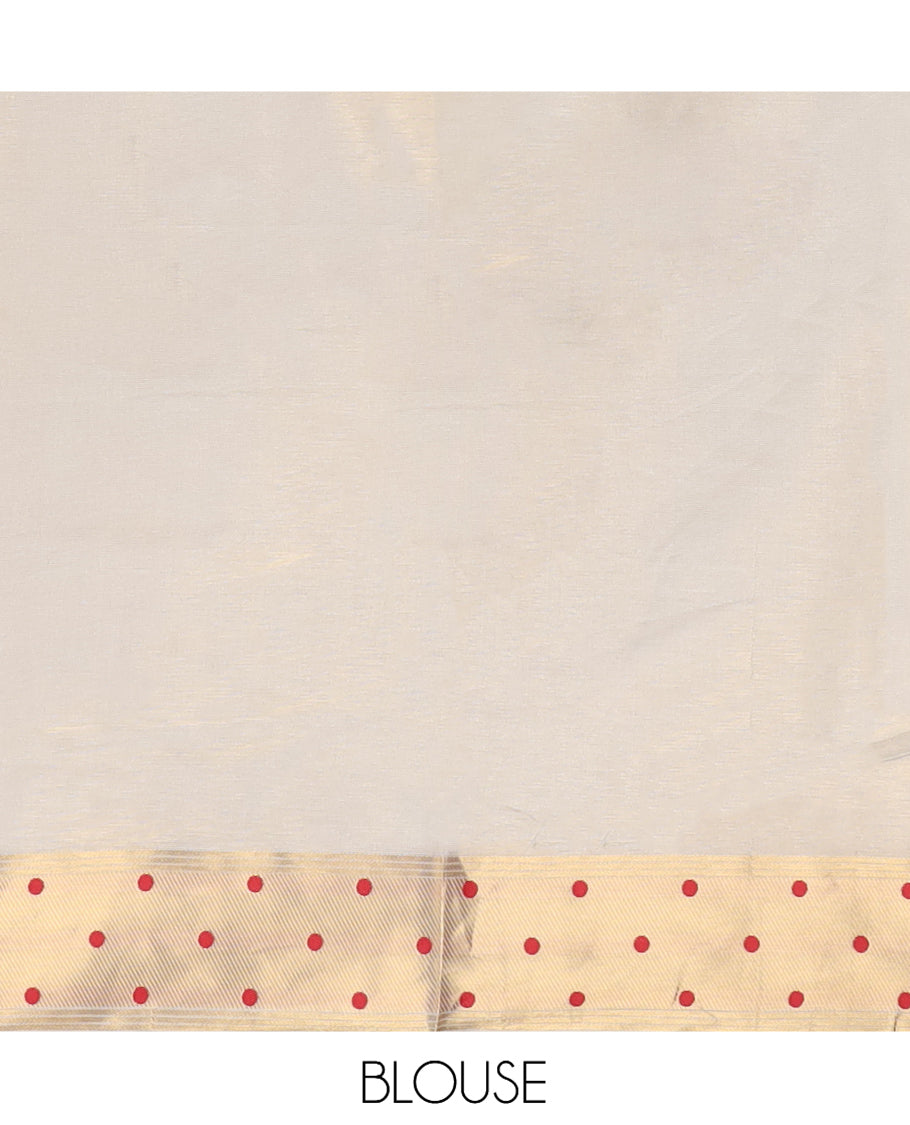 Gold-Red Plain Tissue Saree, Gold Polka-Dotted Border, Matching Blouse