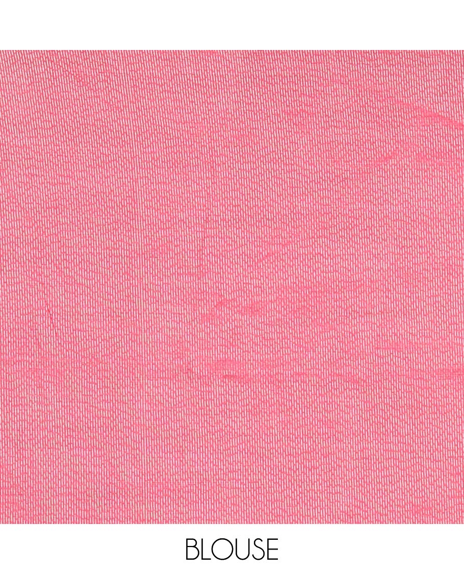 Rani Pink Semi-Tussar Saree Adorned with Zari Horizontal Stripes and Thread Floral Designs, Featuring a Subtly Woven Temple Zari Border, a Striped Pallu, and a Matching Blouse