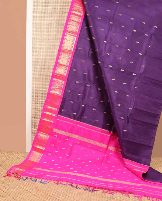 Violet floral buttas kancheepuram silk saree with contrast korvai floral design border & intricate zari design pallu