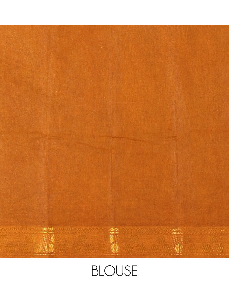 Off-White and Mustard Plain Sungudi Cotton Saree Accentuated with a Contrast Border of Temple and Zari Checks Designs, Subtly Zari Striped Pallu, and Paired with a Contrast Blouse