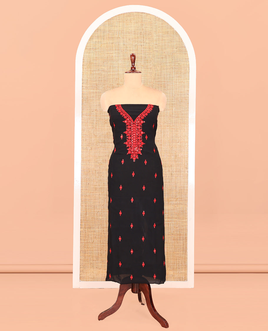 Black-Red Georgette Material Churidar Features Thread Embroidery Top, a Plain Santoon Bottom, a Scallop Embroidered Dupatta