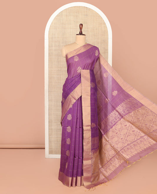 Purple Silk Cotton Saree, Subtly Sparkled With Butta Enclosed Checks On Its Body, Subtle Zari Border, Jaal Pallu and Paired with a Matching Blouse