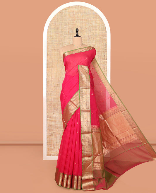 Pink Silk Cotton Saree, Adorned with Buttas, Complemented by Contrast Traditional Zari Border, Grand Jaal Pallu, and a Contrast Blouse