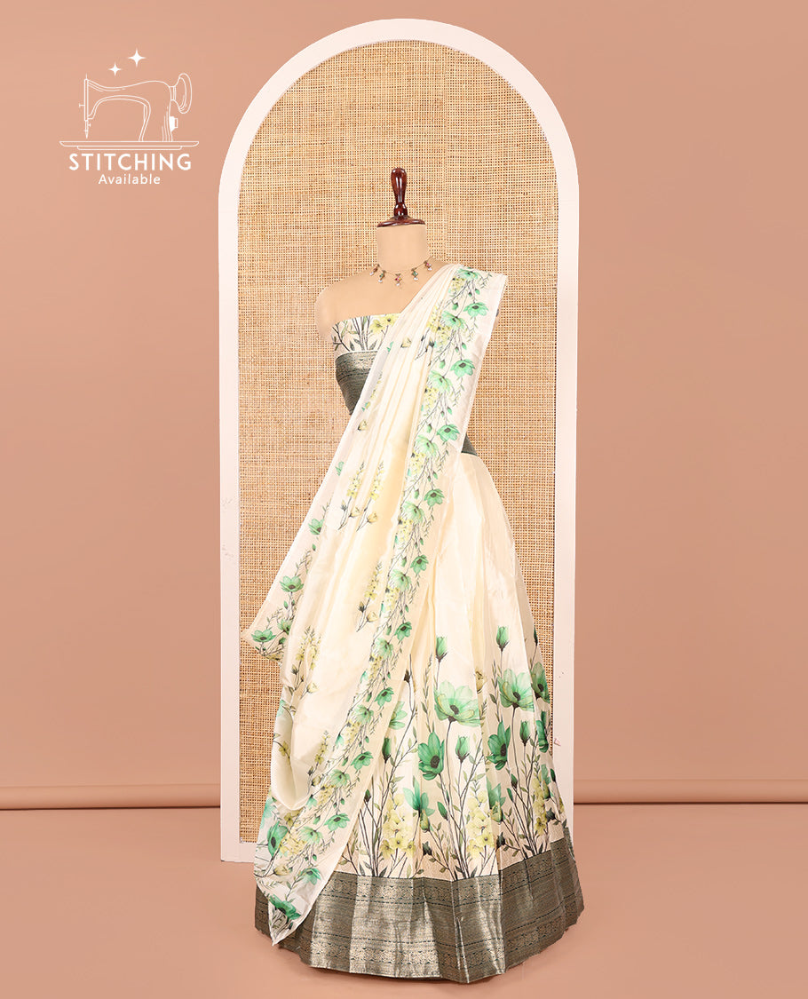Cream-Green Semi-Silk Half-Saree Features Floral Printed Skirt, Contrast Border, Matching Blouse, Floral Printed Dhavani