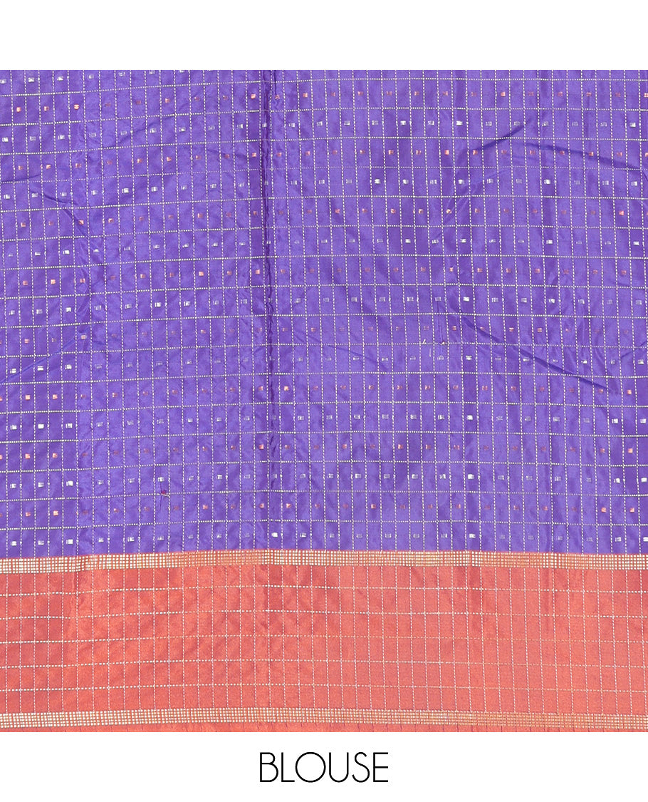 Violet Aarani Silk Saree, Boldly Accentuated with Butta-Enclosed Medium-Checked Design All Over Its Body, Complemented by a Contrast Checked Border, Checked Design Pallu, and Paired with a Matching Blouse