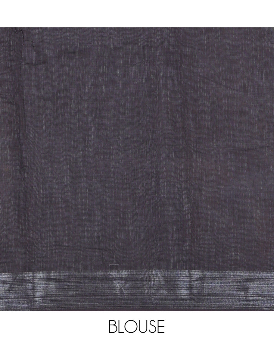 Steel Grey Rain-Themed Printed Linen Cotton Saree, Adorned with People with Umbrellas, a Zari Border, and Matching Blouse