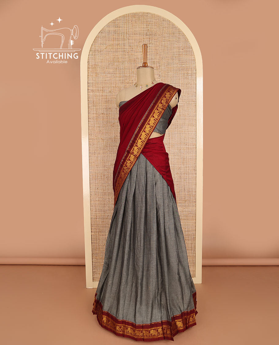 Grey with maroon mercerised cotton daman zari border half saree with zari border blouse & syska georgette 4 side piping golden zari border dhavani