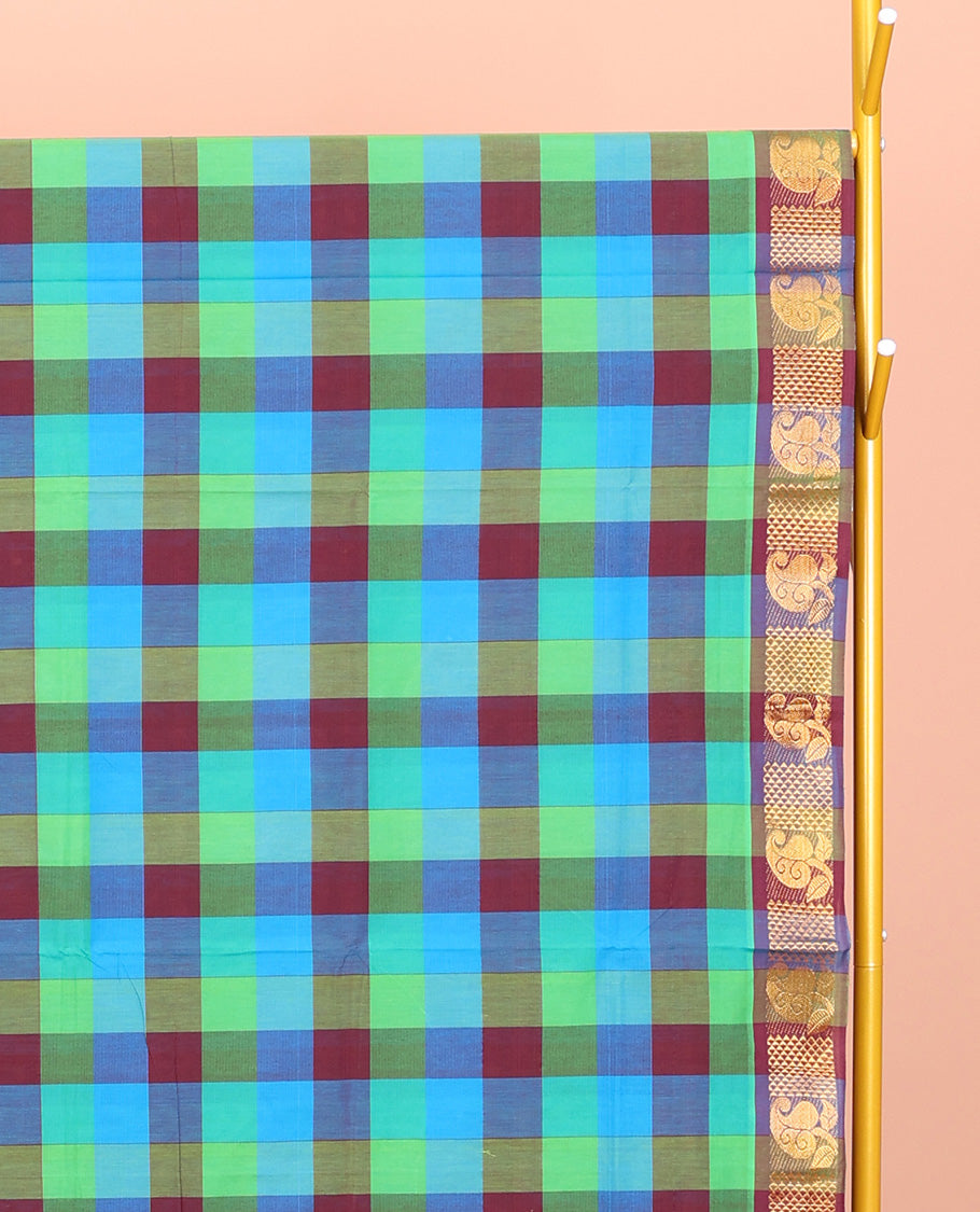 Multi-Color Chettinad Cotton Saree, Elevated with Checks, Highlighted by Traditional Zari Border, Striped Pallu, and No Blouse