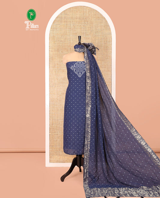 Blue Mul Chanderi Material Chudidar Set, Subtly Printed with Bandhani-Style Printed Top, a Plain Santoon Bottom, and Paired with a Matching Mul Chanderi Bandhani-Dotted and Zari-Woven Dupatta