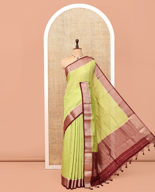 Green Assam Silk Saree, Adorned with Butta Enclosed Checks, Complemented by Contrast Traditional Zari Border, Gleaming Pallu, and Contrast Blouse