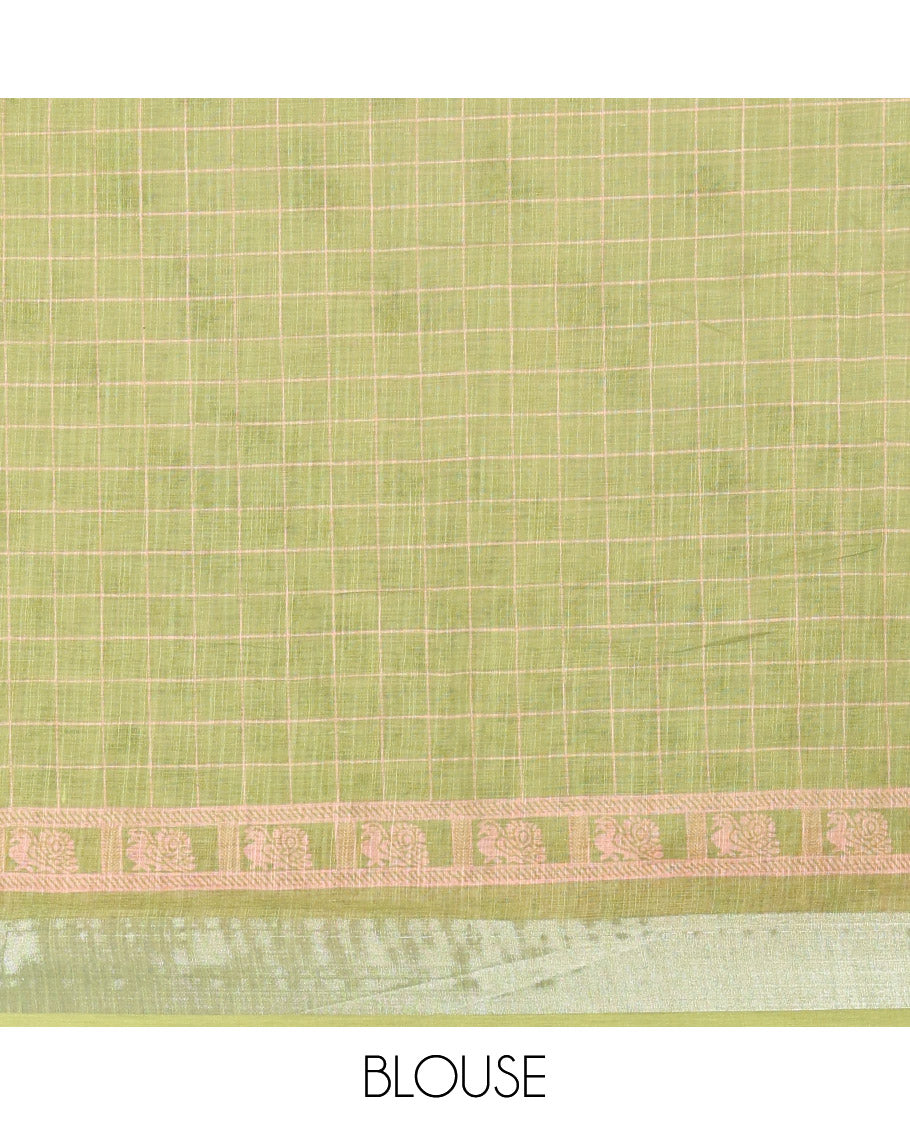 White and Green Linen Cotton Saree Featuring Field Maple Leaf Motifs Printed All Over the Body, Complemented by a Contrast Zari and Peacock-Printed Border, Pallu of Geometric Print, and Paired with a Contrast Checked Blouse