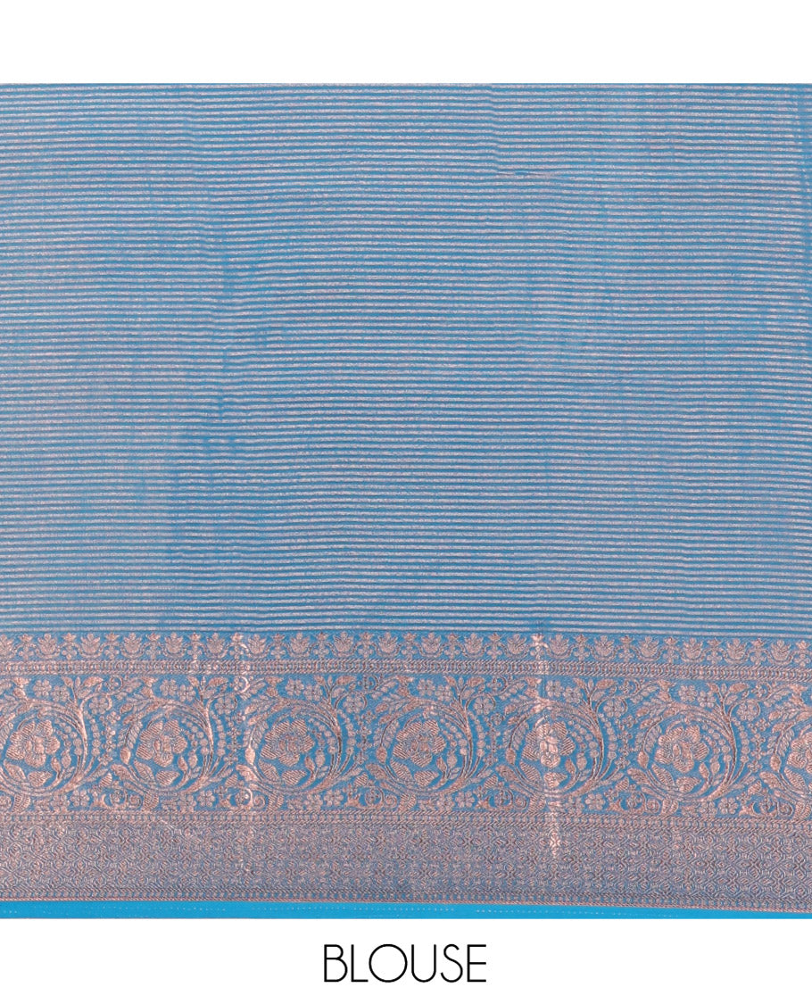 Blue Chiffon Saree, Richly Elevated with Ikat-Style Weave and Stonework, a Traditional Border, a Floral Design Pallu, and a Matching Blouse