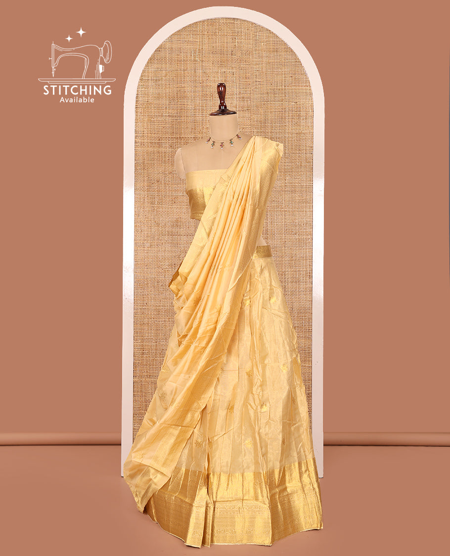 Gold Half-Saree Features Zari Buttas Banarasi Tissue Skirt, Traditional Zari Border, Matching Blouse, Zari Design Banarasi Silk Dhavani