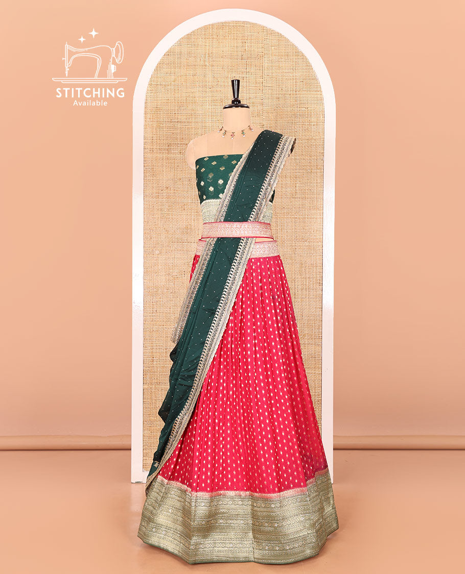 Rani pink Buttas Embroidered Half-Saree with Contrast Traditional Motifs, Embroidered Viscose Georgette Border, Contrast Blouse, Intricately Embroidered Syska Georgette Dhavani, and a Embroidered Belt