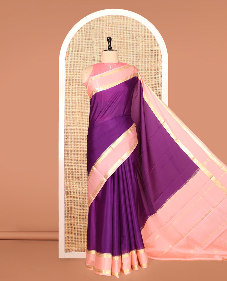 Purple Plain Mysore Silk Saree, Complemented by a Contrast Traditional Zari Border, Zari Striped Pallu, and a Contrast Blouse