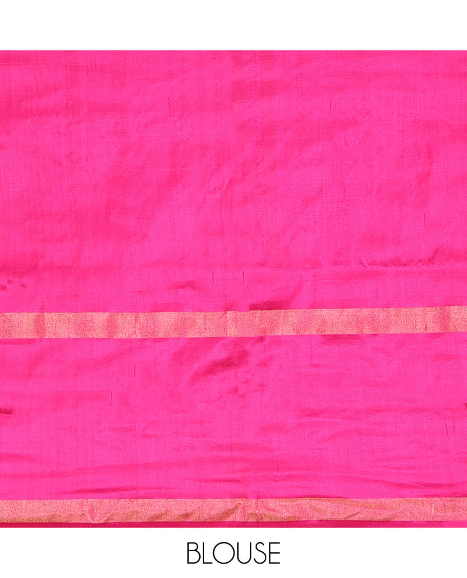 Purple Pochampally Ikat Silk Saree, Adorned with Buttas All Over Its Body, Complemented by a Contrast Temple Border of Geometric Patterns, Ikat-Style Jaal Pallu, and Paired with a Contrast Blouse